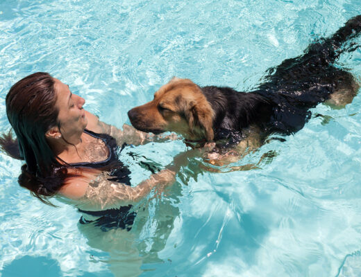 Lady teaching her dog to swim in a pool